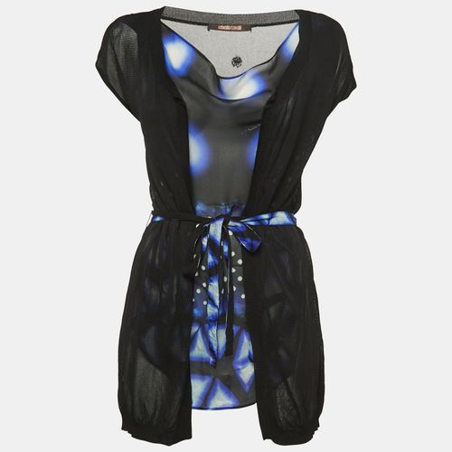 Roberto Cavalli Black/Blue Print Silk & Knit Sleeveless Belted Top S - Roberto Cavalli - Modalova