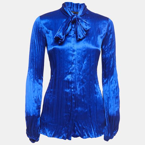 Roberto Cavalli Blue Satin Silk Pleated Tie-Neck Shirt S - Roberto Cavalli - Modalova