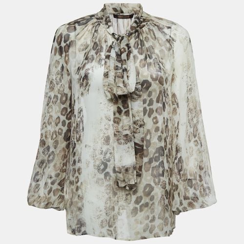 Roberto Cavalli Beige Animal Print Silk Pleated Sheer Shirt S - Roberto Cavalli - Modalova