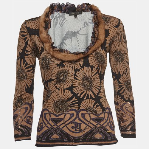 Roberto Cavalli Brown Floral Print Knit Mink Fur Trimmed Top M - Roberto Cavalli - Modalova