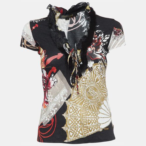 Roberto Cavalli Multicolor Print Crepe Mink Fur Trimmed Short Sleeve Top M - Roberto Cavalli - Modalova