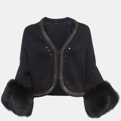 Roberto Cavalli Grey Fox Fur Trimmed Wool Blend Embellished Cardigan S - Roberto Cavalli - Modalova