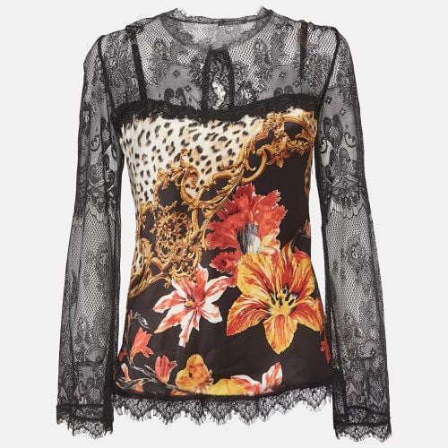 Roberto Cavalli Black Floral Print Lace Trim Satin Crochet Blouse L - Roberto Cavalli - Modalova