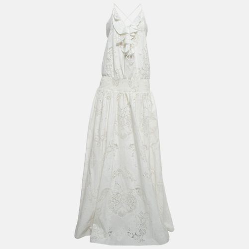 Roberto Cavalli Off-White Semi Sheer Patterned Cotton Frill Detailed Maxi Dress M - Roberto Cavalli - Modalova