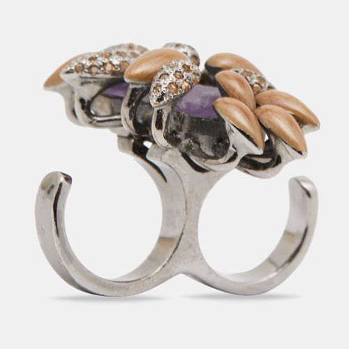 Roberto Cavalli Gunmetal Tone Crystal & Stone Double Finger Ring Size EU 56 - Roberto Cavalli - Modalova