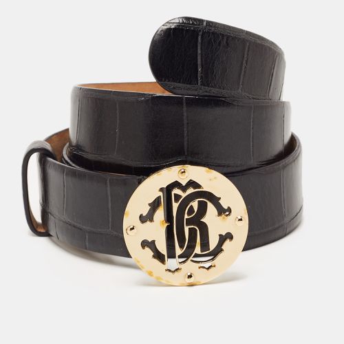 Roberto Cavalli Black Croc Embossed Leather Logo Buckle Belt 85CM - Roberto Cavalli - Modalova