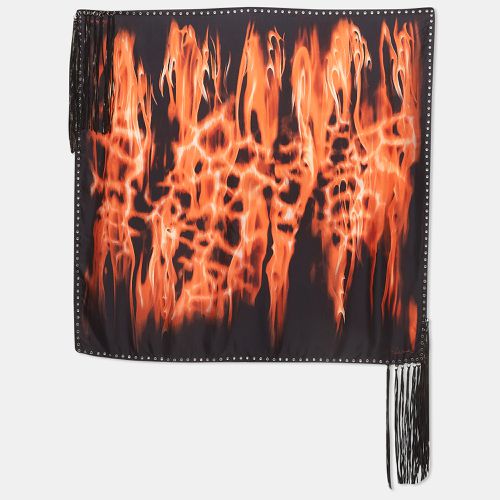 Roberto Cavalli Black Flames Print Silk Leather Fringed Scarf - Roberto Cavalli - Modalova