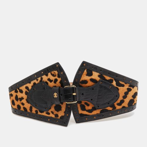 Roberto Cavalli Brown/Black Leopard Calfhair and Croc Embossed Leather Wide Buckle Belt 75CM - Roberto Cavalli - Modalova