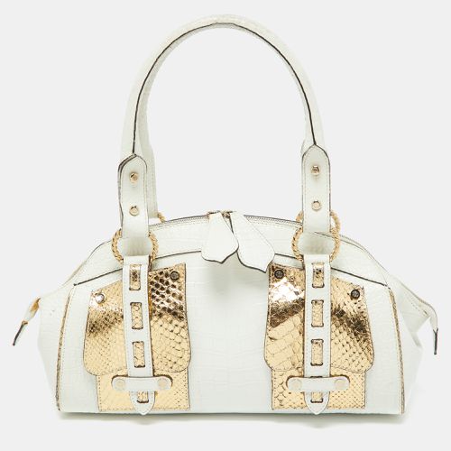 Gold Croc Embossed Leather and Snakeskin Satchel - Roberto Cavalli - Modalova