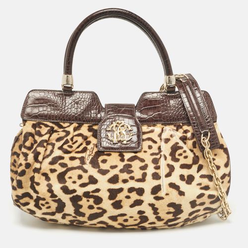 Roberto Cavalli Beige/Brown Leopard Calfhair and Croc Embossed Leather RC Logo Hobo - Roberto Cavalli - Modalova