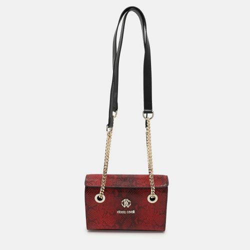 Roberto Cavalli Burgundy/Black Python Embossed Leather Chain Shoulder Bag - Roberto Cavalli - Modalova