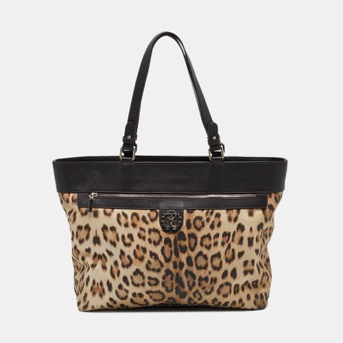 Roberto Cavalli Brown/Beige Leopard Print Fabric and Leather Front Zip Tote - Roberto Cavalli - Modalova