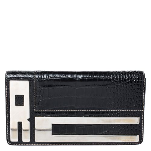 Roberto Cavalli Black Crocodile Embossed Leather Logo Chain Clutch - Roberto Cavalli - Modalova