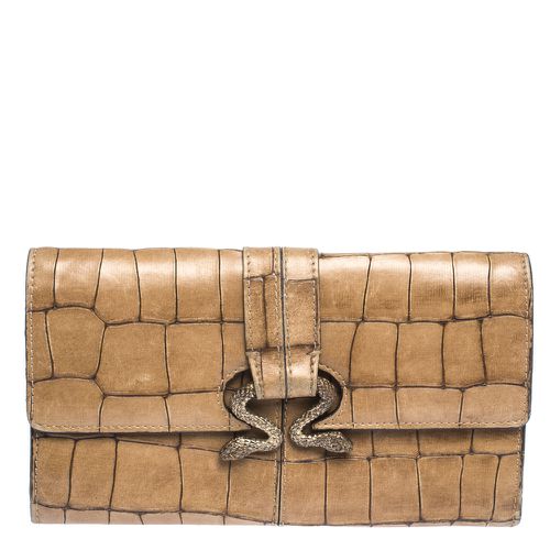 Roberto Cavalli Caramel Brown Crocodile Embossed Leather Double Snake Flap Wallet - Roberto Cavalli - Modalova