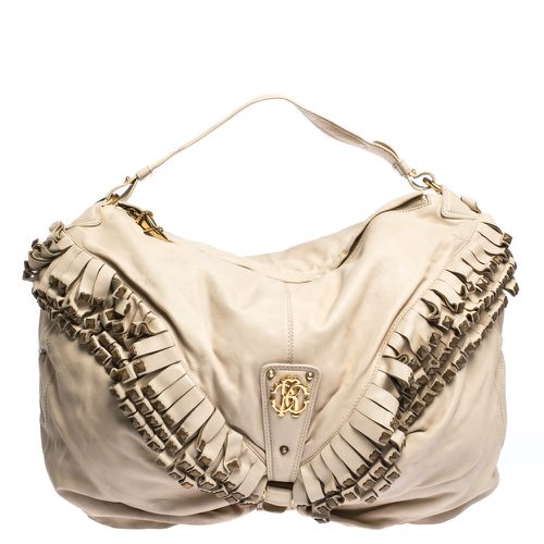 Roberto Cavalli Cream Leather Studded Fringe Hobo - Roberto Cavalli - Modalova