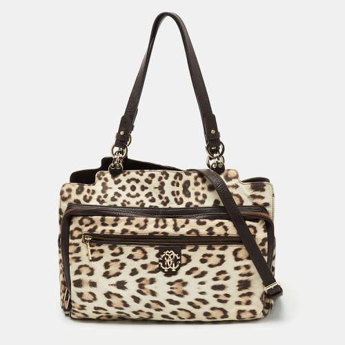 Roberto Cavalli Brown/Beige Leopard Satin and Leather Tote - Roberto Cavalli - Modalova