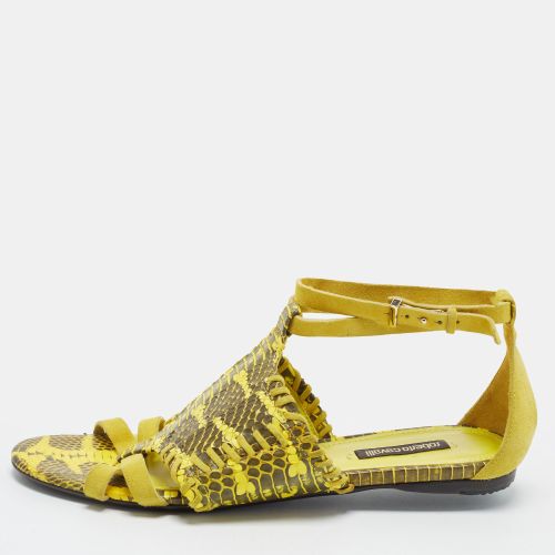 Size 38 /Black Python Leather and Suede Ankle Strap Flats - Roberto Cavalli - Modalova