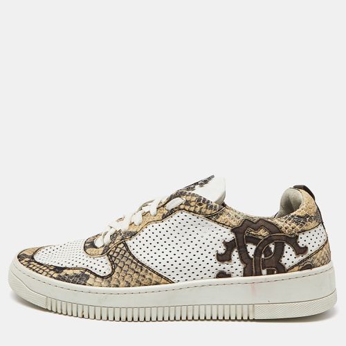 Roberto Cavalli White/Beige Perforated Python Embossed Leather Low Top Sneakers Size 40 - Roberto Cavalli - Modalova