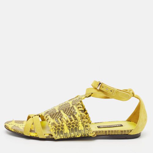 Roberto Cavalli Yellow Snakeskin and Suede Flat Sandals Size 38 - Roberto Cavalli - Modalova