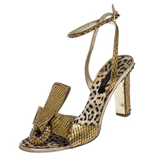 Roberto Cavalli Metallic Gold Python Leather Embellished Ankle Strap Sandals Size 38 - Roberto Cavalli - Modalova