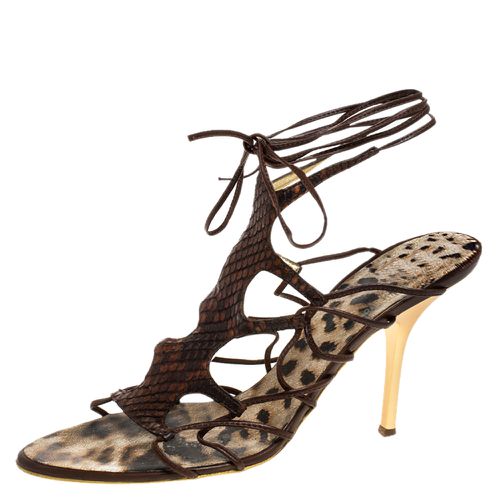 Roberto Cavalli Brown Python Lace Up Ankle Tie Sandals Size 40 - Roberto Cavalli - Modalova