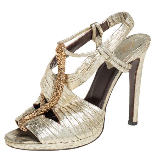 Roberto Cavalli Gold Python Snake Embellished Slingback Sandals Size 38 - Roberto Cavalli - Modalova