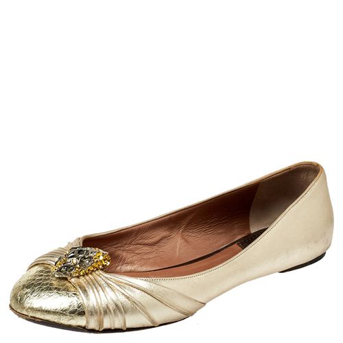 Roberto Cavalli Metallic Gold Leather Snake Head Crystal Embellished Ballet Flats Size 39.5 - Roberto Cavalli - Modalova