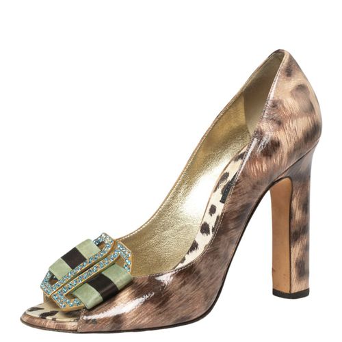 Roberto Cavalli Brown/Beige Leopard Print Patent Leather Embellished Buckle Detail Peep-Toe Pumps Size 37.5 - Roberto Cavalli - Modalova