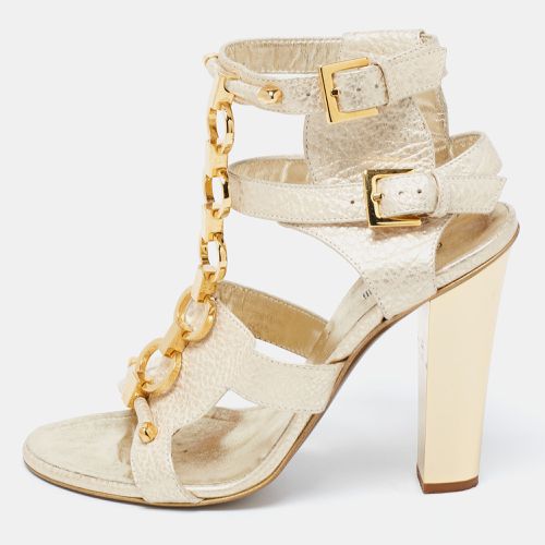 Roberto Cavalli Gold Leather Metal Embellished Ankle Strap Sandals Size 37.5 - Roberto Cavalli - Modalova