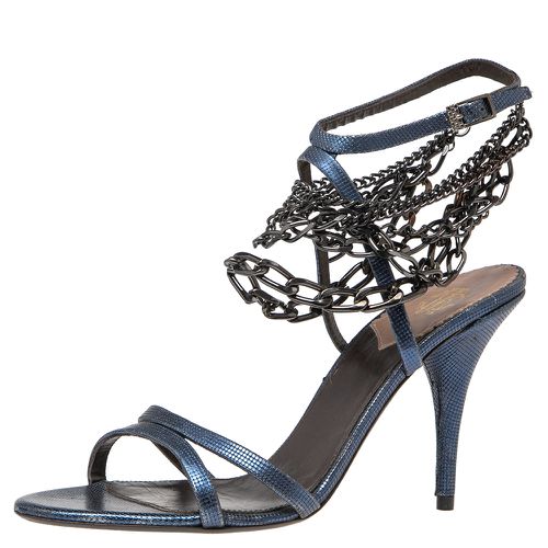 Roberto Cavalli Metallic Blue Leather Ankle Chain/Strap Sandals Size 38 - Roberto Cavalli - Modalova