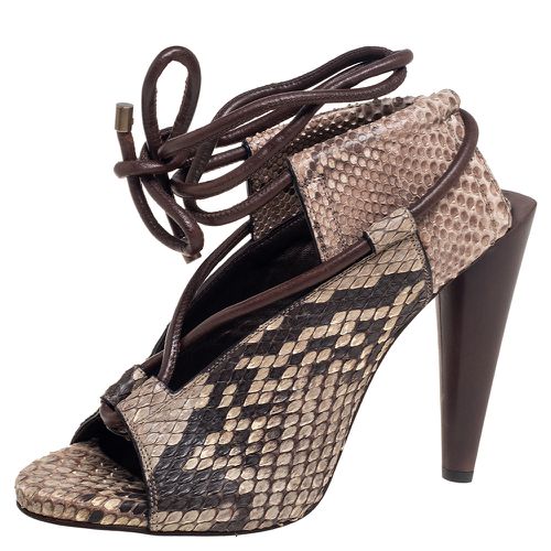 Roberto Cavalli Brown/Beige Python Leather Open Toe Ankle-Tie Sandals Size 38 - Roberto Cavalli - Modalova