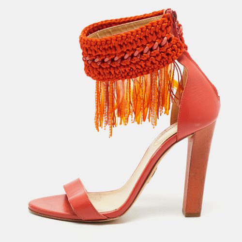 Roberto Cavalli Orange Leather and Woven Fabric Fringes Ankle Strap Sandals Size 40 - Roberto Cavalli - Modalova