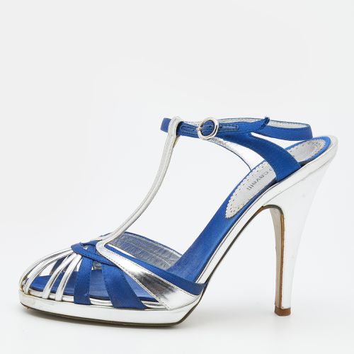 Roberto Cavalli Silver/Blue Leather And Satin T-Strap Sandals Size 36 - Roberto Cavalli - Modalova