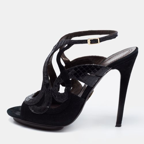 Roberto Cavalli Black Snakeskin Embossed Leather and Suede Ankle Strap Sandals Size 39.5 - Roberto Cavalli - Modalova