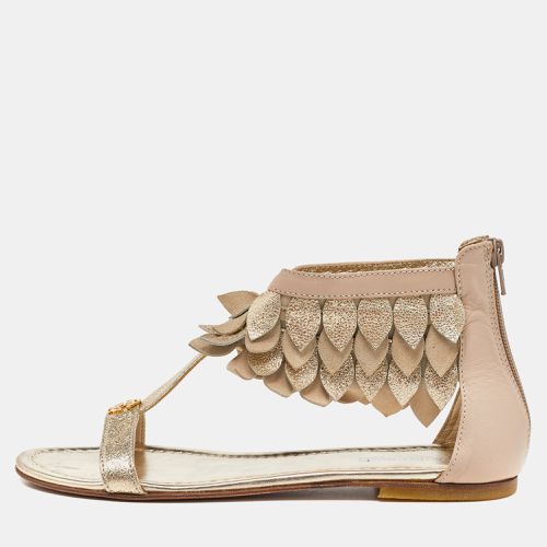 Roberto Cavalli Beige/Gold Leather T-Strap Ankle Cuff Flat Sandals Size 40 - Roberto Cavalli - Modalova