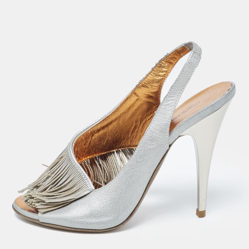 Roberto Cavalli Silver Leather Slingback Fringe Detail Peep Toe Sandals Size 37 - Roberto Cavalli - Modalova