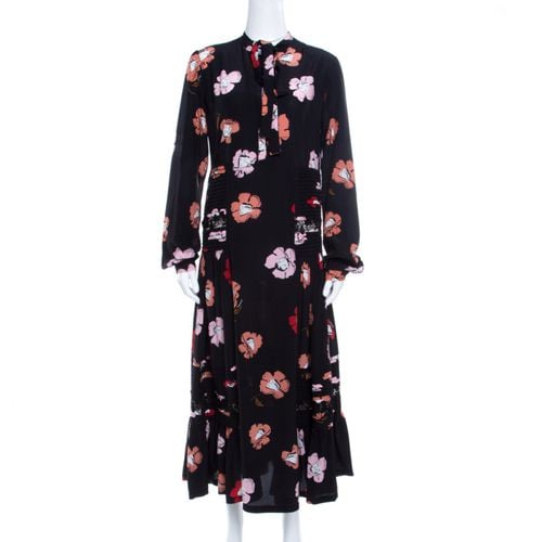 Rochas Black Floral Printed Silk Lace Trim Pintuck Detail Midi Dress M - Rochas - Modalova