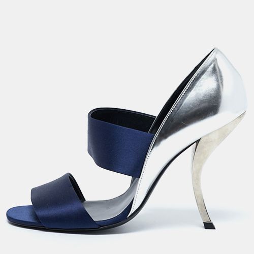 Roger Vivier Navy Blue/Silver Satin and Leather Colorblock Slide Sandals Size 40 - Roger Vivier - Modalova