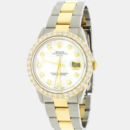 Customised MOP 2.7CT Diamond 18K Yellow Gold Stainless Steel Date Automatic Men's Wristwatch 34mm - Rolex - Modalova