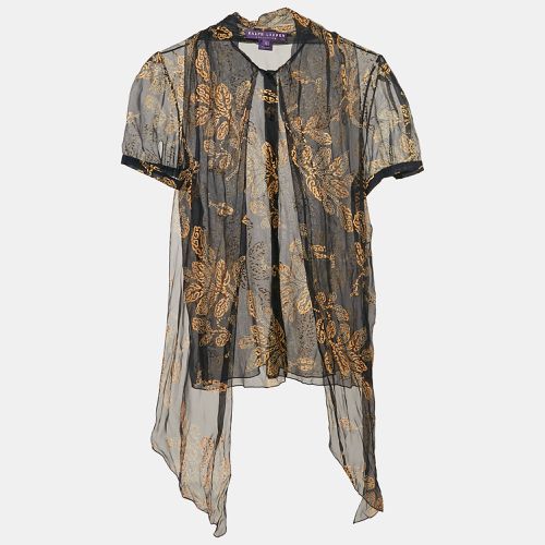 Ralph Lauren Collection Navy Blue/Gold Print Silk Ruffled Sheer Shirt M - Ralph Lauren Collection - Modalova