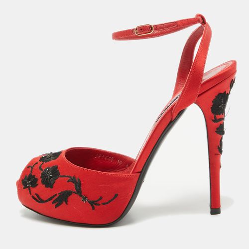 Ralph Lauren Collection Red/Black Embroidered Satin Platform Sandals Size 40 - Ralph Lauren Collection - Modalova