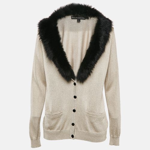 Ralph Lauren Beige Shearling Trim Collar Lurex Knit Button Up Cardigan L - Ralph Lauren - Modalova