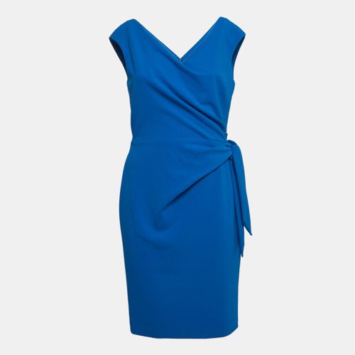 Ralph Lauren Blue Crepe Gathered V Neck Dress M - Ralph Lauren - Modalova