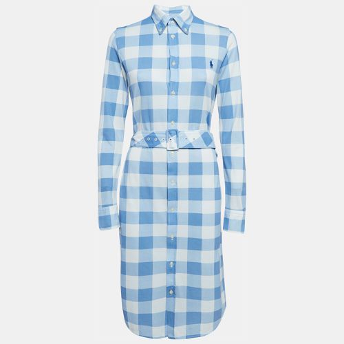 Ralph Lauren Blue/White Plaid Knit Oxford Cotton Belted Dress L - Ralph Lauren - Modalova