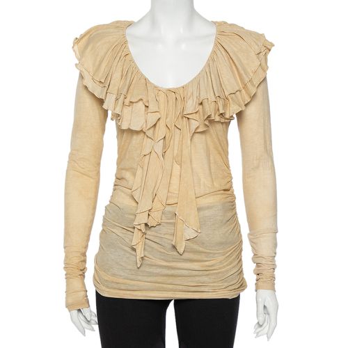 Ralph Lauren Beige Cool Dye Effect Cotton Knit Ruffle Detail Ruched Top S - Ralph Lauren - Modalova