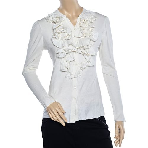 Ralph Lauren Off White Knit Ruffled Neck Button Front Top L - Ralph Lauren - Modalova