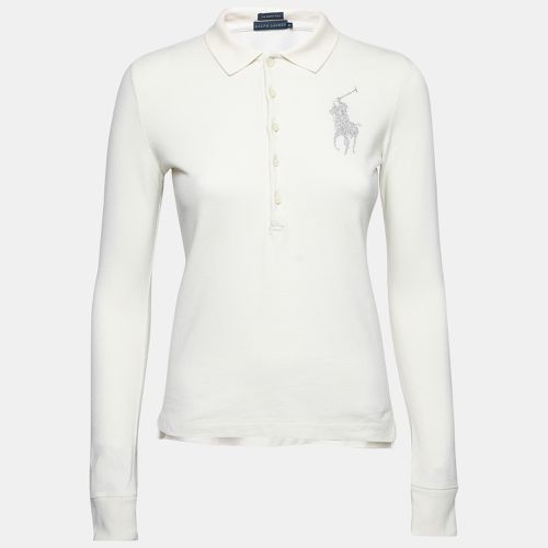 Ralph Lauren Cream Cotton Pique Logo Embellished Skinny Polo T-Shirt XS - Ralph Lauren - Modalova