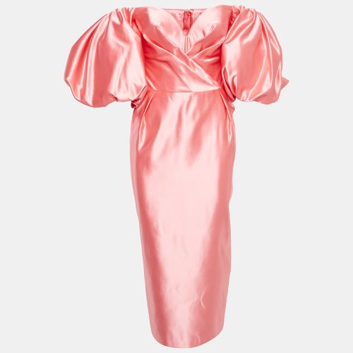 Rosario Pink Satin Puff Sleeves Corset Midi Dress S - Rasario - Modalova