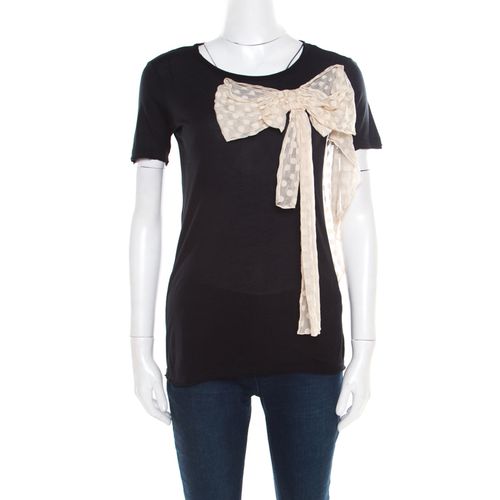 Red Valentino Black Jersey Contrast Bow Detail Raw Edged Top XS - RED Valentino - Modalova