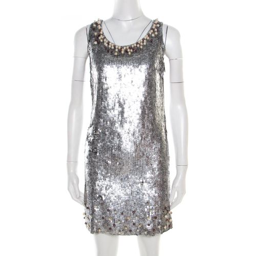 Red Valentino Silver Sequined Pearl Embellished Sleeveless Mini Shift Dress S - RED Valentino - Modalova